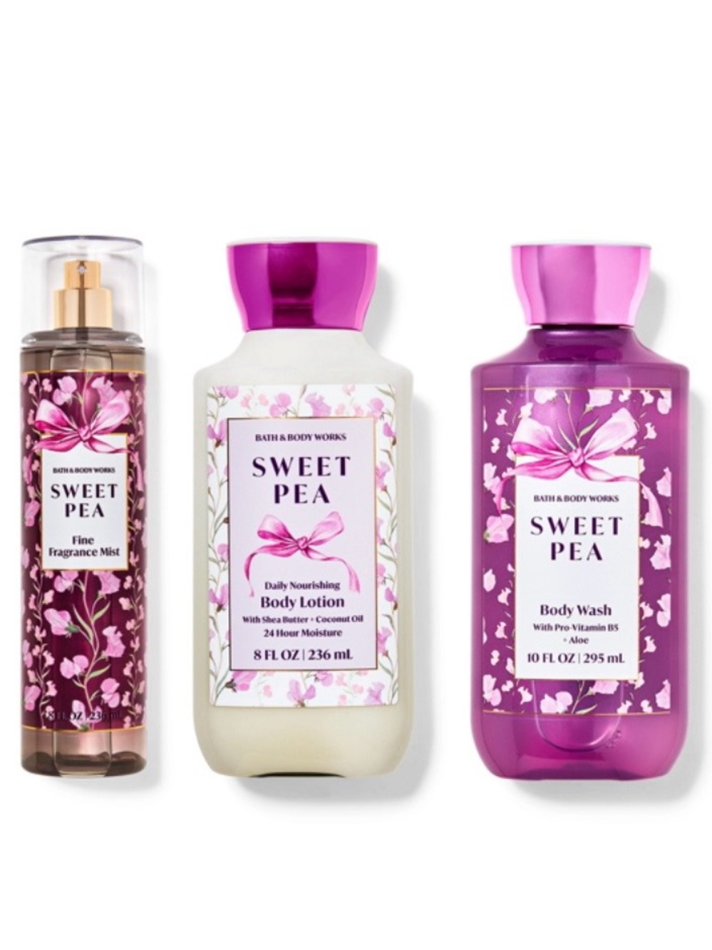 Bath & Body Works Sweet Pea 3 Piece Full Size Gift Set Body Wash Lotion And Mist
